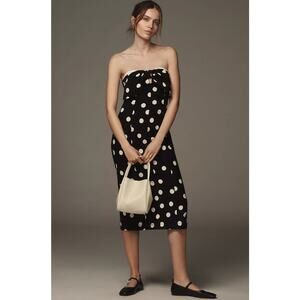 By Anthropologie Strapless Bow-Front Midi Dress Black White Polka Dot L NWT $168